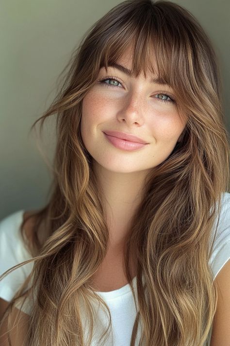 Fall Brunette Hair Curtain Bangs, Long Brown Hair With Highlights And Bangs, Face Framing Haircut With Bangs, Wisp Bangs Long Hair, Long Blonde Hair Styles With Layers Side Swept Bangs, Straight Across Bangs With Face Framing, Soft Side Swept Bangs, Bronde Haircolor With Bangs, French Bangs Blonde