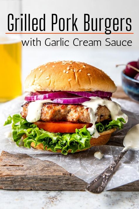 Garlic Cream Sauce Recipe, Pork Burgers Recipes, Homemade Cream Corn, Ground Beef Enchiladas, Cream Sauce Recipe, Ground Pork Recipes, Grilled Foods, Burger Meat, Garlic Cream Sauce