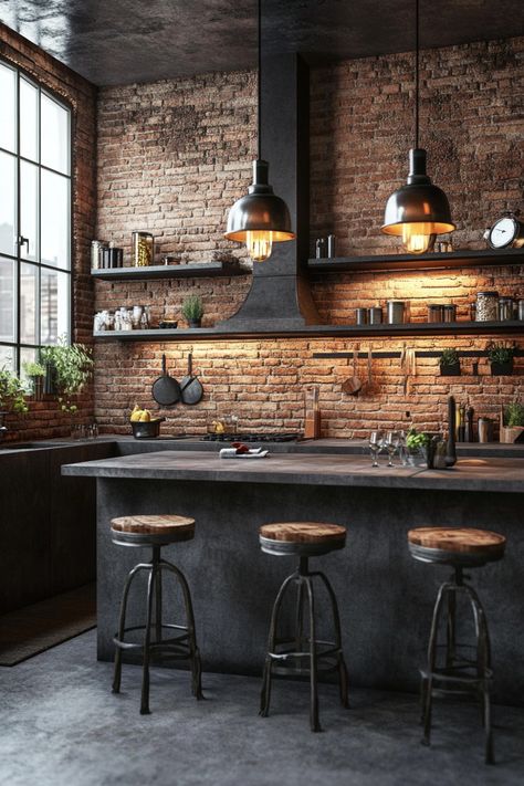 Explore the latest kitchen design blending rustic elements with modern conveniences. Industrial lighting, exposed brick, and sleek countertops create a warm, inviting space perfect for any home. Transform your kitchen with these stylish ideas! #KitchenDesign #HomeInspo #LoftLiving Industrial And Rustic Decor, Industrialist Interior Design, House Interior Industrial, Industrial Country Home, Brick Backsplash Black Countertop, Chef Style Kitchen, Industrial Loft Kitchen Open Concept, Industrial Style Apartment Decor, Brick Wall Kitchen Ideas Modern