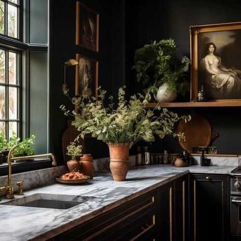 European Classy Kitchens That Speak of Timeless Beauty Gothic Style Living Room Ideas, Moody Eat In Kitchen, Moody Kitchen Art, Moody French Country Kitchen, Moody French Kitchen, Dark English Interiors, Earthy Moody Kitchen, Vintage Moody Kitchen, Moody Victorian Kitchen