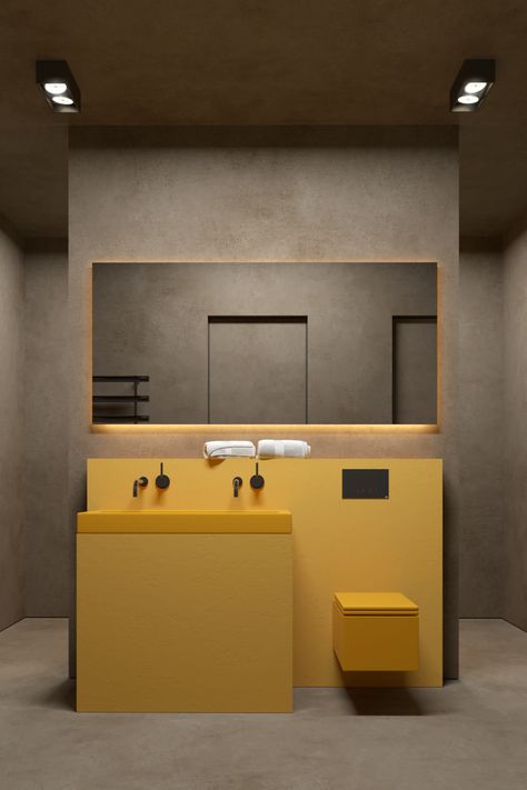 Check out this @Behance project: "av2h" https://www.behance.net/gallery/45707605/av2h Minimal Interior Design, Yellow Bathroom, Modern Sink, Scandinavian Bathroom, Bad Inspiration, Yellow Interior, Mirror On The Wall, Yellow Bathrooms, Toilet Design