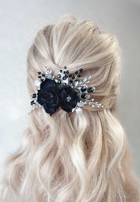 Black Hair Piece, Gothic Wedding Hair, Goth Hair Accessories, Yusuke Kitagawa, Black Hair Pieces, Black Wedding Veil, Black Hair Comb, Gothic Hair, Bridal Hair Down