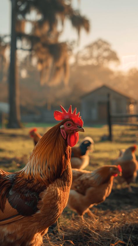 Experience the quiet strength of farm life as a proud rooster, his comb glowing like embers, surveys his domain. Behind him, the misty farm basks in the gentle embrace of sunrise. #SunriseFarm #GoldenGlow #ChickenWallpaper#CountrysideCharm #summerwalpaper Rooster Photography, Sunrise Farm, Chicken Wallpaper, Puppy Clipart, Chicken Pictures, Big Farm, Farm Pictures, Animals Farm, Farm Photography