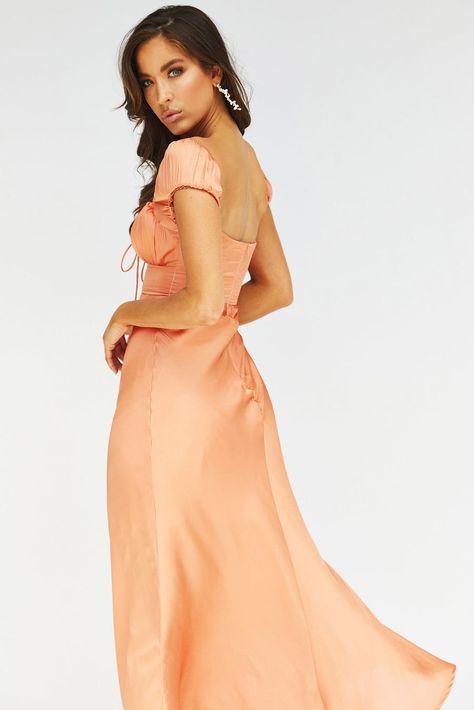 Light Orange Bridesmaid Dresses, Peach Satin Dress, Spring Occasion Dress, Bridesmaid Color Palette, Orange Satin Dress, Orange Formal Dresses, Salmon Dress, Peach Bridesmaid Dresses, Orange Bridesmaid