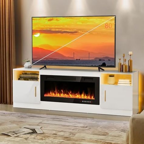 Fireplace Entertainment, Console Tv, Television Stands, Tv Size, Room White, Fireplace Tv Stand, Modern Tv Stand, Living Room Cabinets, Fireplace Inserts