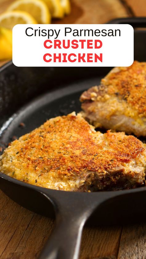 This keto crispy parmesan crusted chicken is a simple, low-carb meal that's ideal for a weeknight supper but also delicious enough to serve to a crowd. Keto Parmesan Crusted Chicken, Chicken With Parmesan, Weekday Dinner, Cheesy Cauliflower, Parmesan Crusted Chicken, Parmesan Crusted, Crusted Chicken, Low Carb Dinner, Easy Keto