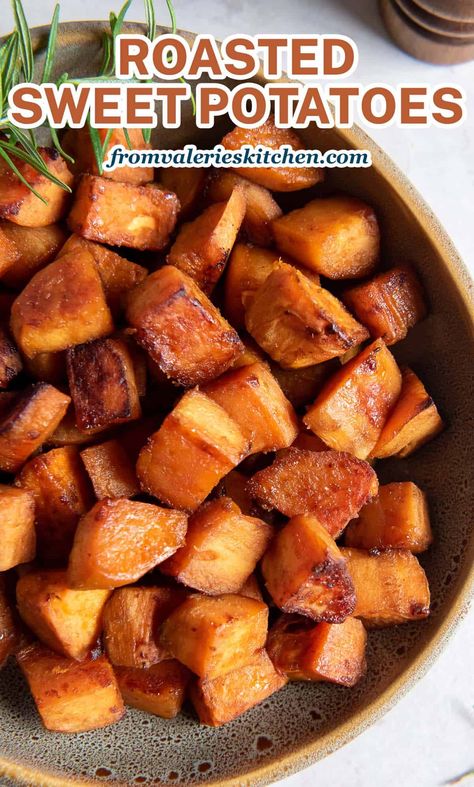 Tender, slightly caramelized Roasted Sweet Potatoes are a wholesome and versatile side dish. Roast a sheet pan full for an easy, delicious meal. Potato Recipes Roasted, Easy Corn Salsa, Christmas Meal Ideas, Sweet Potato Oven, Sweet Potato Recipes Roasted, Veggie Ideas, Thanksgiving Dinner Menu, Christmas Meal, Potato Rice