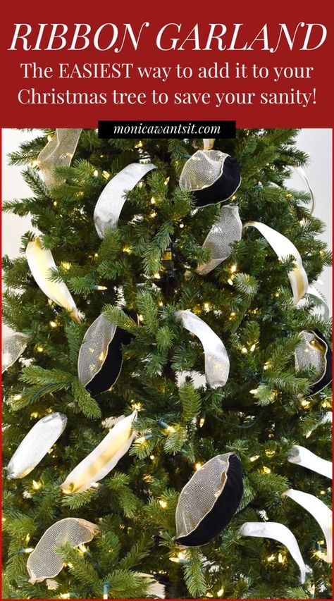 DIY Tutorial: How to EASILY add ribbon garland to a Christmas tree. | #christmasdecor #christmasdecorationideas #christmascrafts #christmasdecorations #christmasdecorationsDIY #christmasdecorating #holidaydecor #holidayseason #holidaydecorations #holidaycrafts #ornaments #xmastreedecorations #christmastreedecoration #christmastreedecorideas #christmastreeornaments #christmastreeideas Christmas Tree Ribbon Topper, Garland On A Christmas Tree, Christmas Tree Ribbon Garland, Ribbon On A Christmas Tree, Christmas Tree Decorating Tips, Christmas Tree Decorations Ribbon, Christmas Tree Ribbon, Ribbon Tree, Tree Ribbon