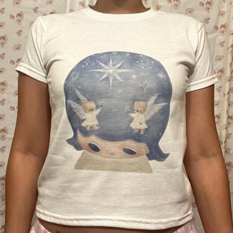 Fitted Graphic Tee, Screenprint T Shirt, Childhood Outfits, Celestial Clothing, Etsy Tshirt, Thrift Manifest, Aesthetic Merch, Graphic Tee Y2k, Yoshitomo Nara