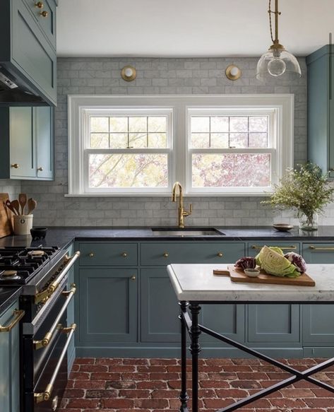 Unique red brick floor with blue kitchen cabinets! #interiordesign #interiordecor #interiorinspo #remodel #renovation #kitchen Dark Countertops, Black Granite Countertops, Black Countertops, Victorian Kitchen, Blue Cabinets, Brick Flooring, Future Home, Kitchen Cabinet Colors, Black Granite