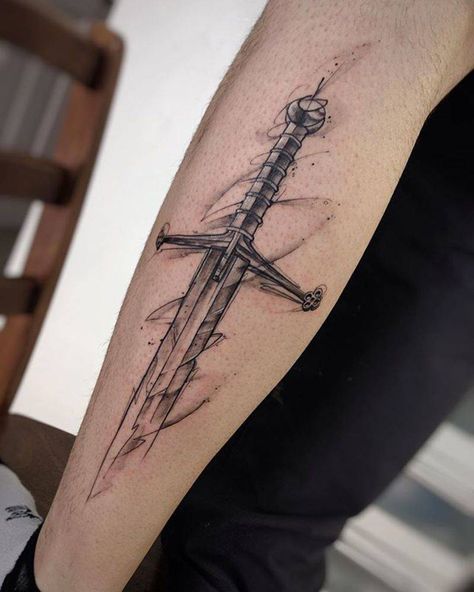 Claymore Tattoo Swords, Outside Forearm Tattoo Men Ideas, Claymore Tattoo, Got Tattoo, Polka Tattoo Designs, Tiger Face Tattoo, Trash Polka Tattoos, Arm Tattoos Drawing, Trash Polka Tattoo Designs