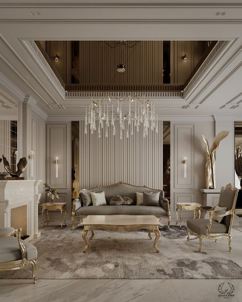 This lounge radiates luxury with its neoclassical beauty, including gold-accented furniture, a big chandelier, and rich wall and ceiling details. The neutral tones and velvety textiles add to the enhanced atmosphere, while the high ceiling and complex décor convey a feeling of timeless elegance.

#neoclassicInterior #luxuryInterior #luxuryLivingRoom #neoclassicLivingRoom #homeDecor #homeInterior #ModernLuxury #reception  #wallTreatments Luxurious Living Room Modern, Neoclassical Interior Living Rooms, Modern Classic Ceiling, Neoclassic Reception, Neoclassic Furniture, Living Room Modern Classic, Neoclassic Living Room, Neoclassic Interior Design, Interior Design Neoclassical