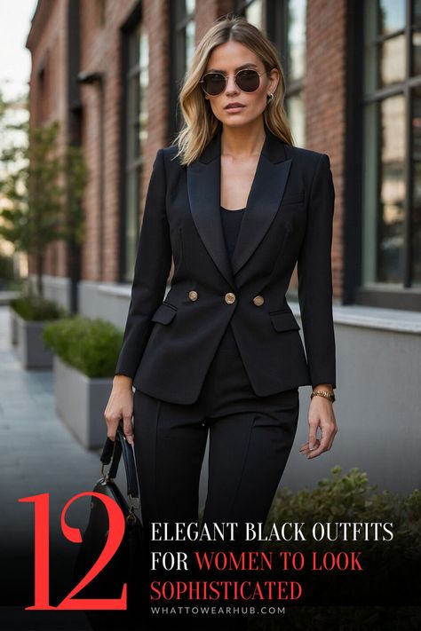 Explore this list of 12 must-have black outfits designed for a sophisticated and chic look. From modern twists to classic silhouettes, each outfit enhances your style effortlessly. Ideal for any setting, these outfits redefine elegance. #ElegantFashion #ChicOutfits All Black Office Outfits Women, Black Classic Outfit, Elegant Outfit Classy Chic, Jumpsuit Styling, Black Outfits For Women, Black Blazer Style, Black Pantsuit, Look Sophisticated, Black Attire