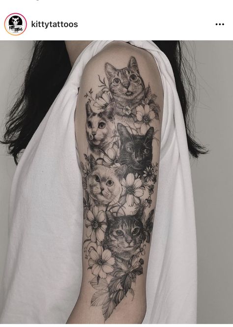 Cat Tattoo Half Sleeve, Cat And Flower Tattoo Sleeve, Cat Sleeve Tattoos For Women, Cat Tattoo Sleeve Women, Cat Tattoo Floral, Pet Sleeve Tattoo, 4 Cats Tattoo, Cat Realistic Tattoo, Multiple Cat Tattoo