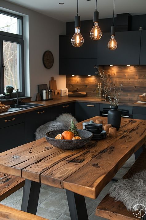 Black Scandinavian Kitchen, Black And Wood Interior, Black And Wood Kitchen, Dapur Skandinavia, Kitchen Scandinavian Style, Modern Konyhatervezés, Scandinavian Interior Kitchen, Dapur Rustic, Scandinavian Kitchens