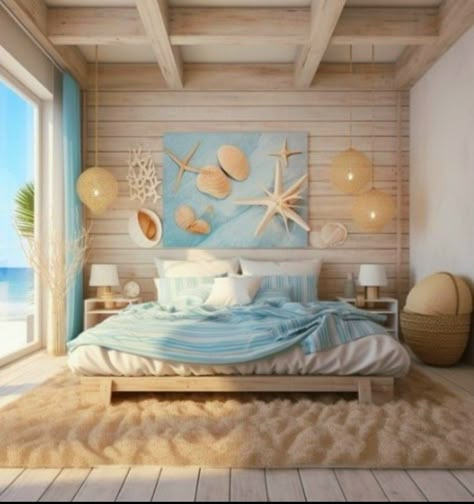 Boho Beach Bedroom Aesthetic, Ocean Aesthetic Bedroom Decor, Beach Bedroom Inspirations, Beach Room Inspiration, Ocean Themed Living Room, Ocean Themed Bedroom For Kids, Beach Room Ideas Theme Bedrooms, Cute Beach Rooms, Beach Aesthetic House