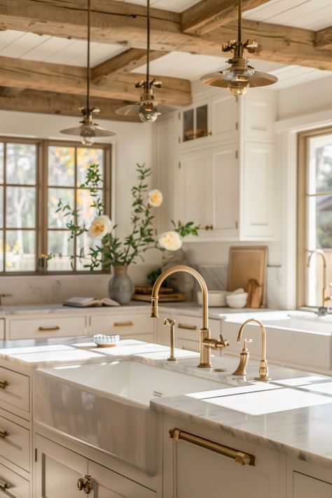 Find the Perfect Faucet for Your Farmhouse Kitchen - Quiet Minimal French Kitchen Aesthetic, Modern Farmhouse Kitchen Countertops, Timeless Farmhouse Kitchen, Wooden Kitchen Countertops, Classic Timeless Kitchen, Wooden Countertops Kitchen, Timeless Kitchen Design, Farmhouse Kitchen Decor Ideas, French Farmhouse Kitchen