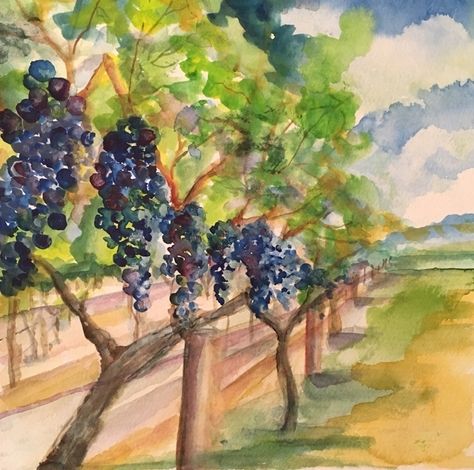 Vineyard Watercolor Painting, Vineyard Watercolor, Wall Murals Painted Diy, Vineyard Art, Watercolor Projects, Landscape Art Painting, Wine Art, Fruit Painting, Watercolor Landscape Paintings