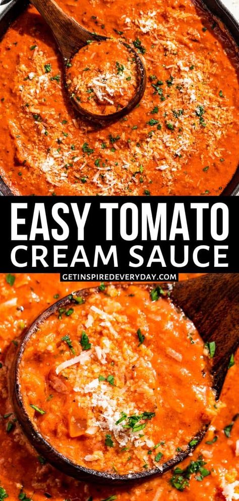 Rich with a balance of bright tomato flavor, this Tomato Cream Sauce can be made in less than 20 minutes from start to finish. It's really good served with chicken, shrimp, fish, or pork, but it's especially indulgent when tossed together with freshly cooked pasta. It's naturally gluten-free with 2 dairy-free options listed as well. This sauce is so easy to make and incredibly tasty, you may never buy jarred sauce again. Tomato Cream Sauce Pasta, Red Sauce Pasta Recipe, Pasta Sauce Recipes Tomato, Red Sauce Recipe, Creamy Tomato Pasta, Cream Sauce Pasta, Tomato Cream Sauce, Red Sauce Pasta, Cream Pasta