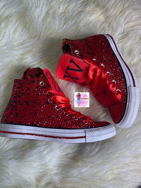 Red Quince Shoes Sneakers, Red Heels Quinceanera, Blinged Converse Shoes, Red Heels Quince, Christmas Quinceanera Ideas, Surprise Dance Outfits Quinceanera Red, Quince Shoes Red, Black And Red Quince Dress, Quince Suprise Dance Outfit