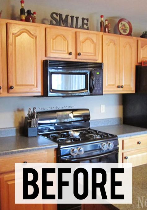 Change the entire look of your kitchen with this easy DIY! #kitchenupdate #kitchenDIY Backsplash Kitchen Small Space, Backsplash Before And After, East Kitchen Updates, Affordable Kitchen Makeover, Medium Size Kitchen Remodel, Shelf Above Cabinets Kitchen, Small Backsplash Kitchen, Simple Kitchen Updates, Affordable Kitchen Improvement Ideas