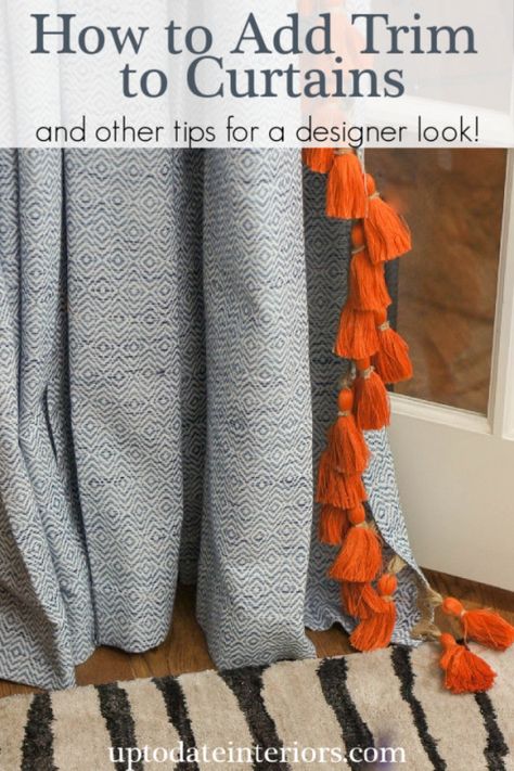 No-Sew Designer Curtains on a Budget:  Follow this easy step by step guide to turn your ho-hum curtain panels into ones you'll be proud of!!   Click over to for the full tutorial and other tips to customize store-bought curtains.  | adding trim to curtains | how to embellish plain curtains | adding tassels to curtains #diyhomedecor #interiordesign Adding Trim To Curtains, Pole Barn Loft Ideas, Curtain Designs For Bedroom, Bedroom Eclectic, Curtain Trim, Cool Kids Bedrooms, Pantry Wall, Buy Curtains, Plain Curtains