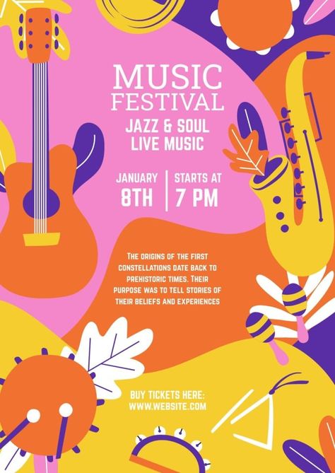 Hand-drawn Waves Jazz & Soul Music Festival Poster Music Festival Posters Graphic Design, Summer Festival Poster Design, Art Festival Poster Design, Music Festival Poster Design Inspiration, Festival Lineup Poster, Festival Poster Ideas, Music Concert Poster, Art Festival Poster, Festival Lineup