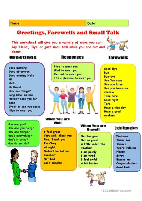 Greetings, Farewells & Small Talk - English ESL Worksheets for distance learning and physical classrooms Esl Greetings Worksheets, Beginners English Teaching Materials, Teaching Greetings Activities, Greeting English Lesson, English For Adults Beginners, Greeting Worksheet English, Greetings Worksheets For Kids, Greetings Worksheets, Esl Worksheets For Beginners