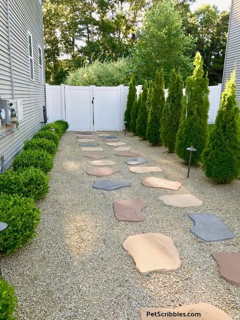 Side Yard Makeover: easy care and attractive! Grass Free Yard, Grassless Yard Ideas, Grass Free Backyard Landscaping, Grass Free Landscaping, Grassless Backyard Ideas For Dogs, Grass Free Front Yard, Grass Free Backyard, Grassless Yard, Side Yard Makeover