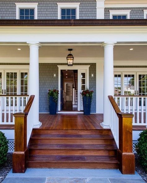 Front Porch Traditional Home, Homes With A Front Porch, Traditional Porch Ideas, Craftsman House Porch Ideas, Front House Porch, Front Porch Architecture, Front Porch Design Entrance, Houses With Front Porches, Elevated Front Porch