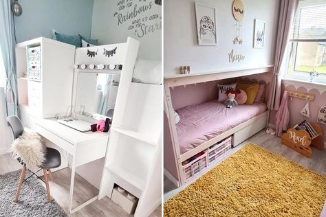 Thrifty mum uses bunk beds to split her daughters’ room in two so they can both have some space & it’s an instant hit Bunk Bed Hacks, Kids Room Divider, Bunk Bed Room, Girls Bunk Beds, Diy Loft, Kids Shared Bedroom, Diy Room Divider, Shared Bedroom, Shared Room