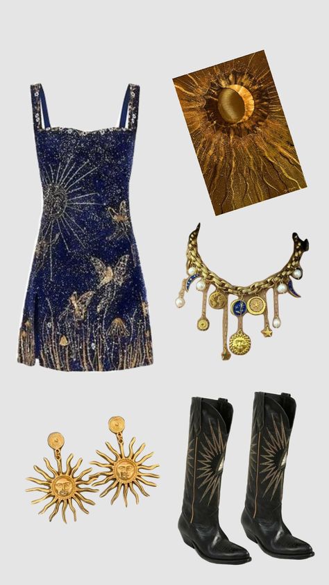 celestial night out outfitttt ✨️ Celestial Theme Outfit, Celestial Aesthetic Outfit, Celestial Outfit Ideas, Starry Night Outfit Ideas, Celestial Outfit Aesthetic, Celestial Aesthetic Clothes, Blue And Gold Aesthetic, Celestial Outfit, Concert Outfit Aesthetic