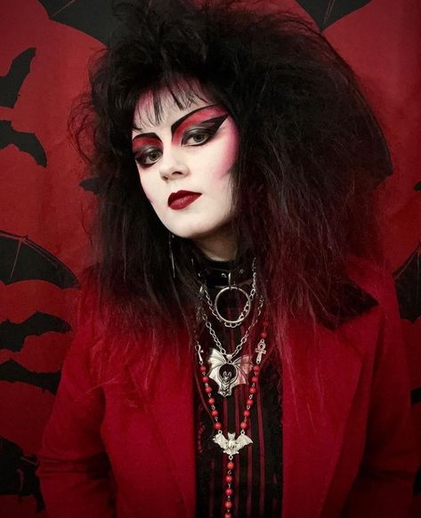 Goth 80s Makeup, Traditional Goth Makeup 80s, Caberet Goth, Red Trad Goth Makeup, Rainbow Goth Makeup, 80s New Wave Makeup, 80s Vampire Aesthetic, New Wave Makeup 80s, 80s Glam Rock Makeup