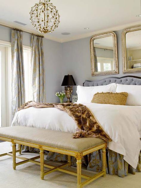 Friday Favorites - Grey and Gold Grey And Gold Bedroom, Bedroom Decorating Tips, Glamourous Bedroom, Bedroom Trends, Gray Walls, Room Photo, Bedroom Bliss, Gold Bedroom, Romantic Bedroom