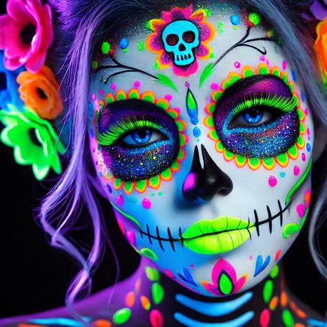 Pretty Sugar Skull Makeup, Sugar Skull Kids Makeup, Rainbow Sugar Skull Makeup, Neon Sugar Skull Makeup, Colorful Catrina Makeup, Catrinas Neon Makeup, Skull Makeup Colorful, Halloween Neon Makeup, Bright Halloween Makeup