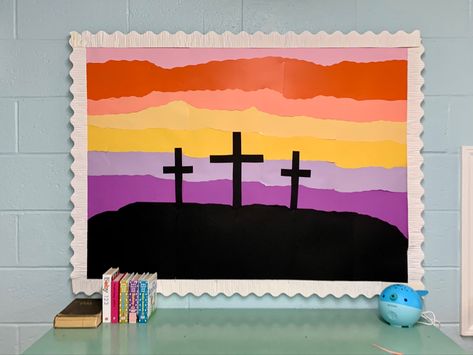 Easter Bulletin Board, Easter Bulletin Boards, School Secretary, Mountain Sky, Kids Bible, Bible Crafts For Kids, Sunset Silhouette, Library Displays, Camping Theme