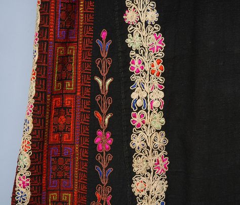 Lebanese embroidered tunic, black linen and silk with elaborate colorful embroidery and couching, early 20th c, close-up if you click 3x Lebanese Embroidery, Arab Embroidery, Cross Stitch Floss, Bargello Quilts, Middle Eastern Culture, Girls Bridesmaid Dresses, Wedding Henna, Colorful Embroidery, Cross Stitch Pictures