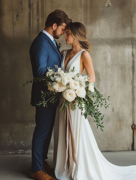 A romantic wedding scene under an industrial-style concrete wall. The bride, in a sleek white gown with a long train, holds a large bouquet of white and blush flowers with greenery. The groom, wearing a deep blue suit and brown shoes, gently embraces the bride. The mood is intimate and modern. Spring Wedding Suit, Glacier Wedding, Groom Colours, Obx Wedding, Mens Suit Style, Mens Fashion Blog, Wedding 2025, Dapper Style, Groom Outfit