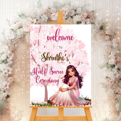 Puberty Ceremony or Half Saree Ceremony Welcome Board, beautiful pink design. Click on the link in bio to shop this design. #pubertyceremony #pubertyfunction #puberty_ceremony #halfsareefunction #halfsareeceremony #halfsareewelcomesign #halfsareewelcomeboard #halfsareefunction #halfsareefunctiondecor #halfsareefunctiondecors #puberydecoration Half Saree Function Welcome Board, Half Saree Welcome Board, Half Saree Ceremony, Name Board Design, Saree Ceremony, Saree Function, Half Saree Function, Bridal Lehenga Online, Welcome Board