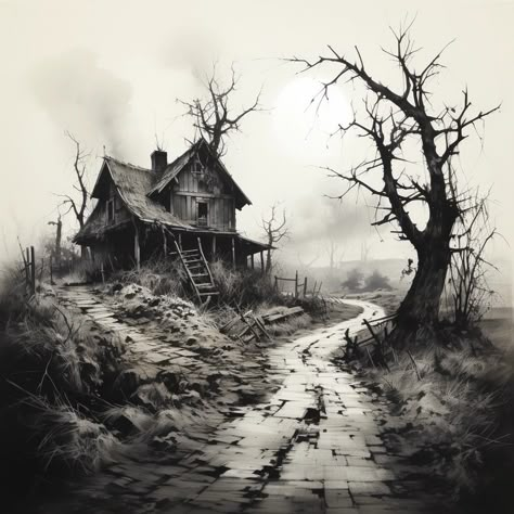 Scary Scenery Drawing, Haunted House Drawing, Creepy Houses, Dark Landscape, Pencil Sketch Images, Charcoal Art, Horror House, Cover Art Design, Art Painting Gallery