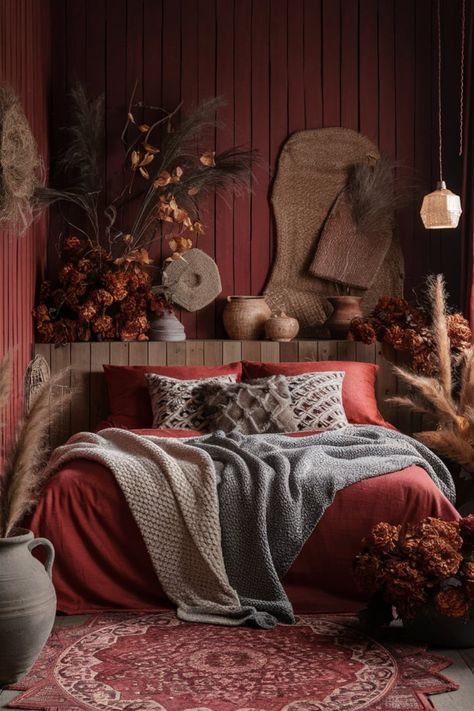 Create a warm, rustic bedroom with autumn tones featuring rich red and burnt orange hues. Wooden paneling, knitted throws, and patterned pillows add texture, while earthy pottery and dim lighting complete the cozy fall aesthetic. #RusticAutumnDecor #CozyBedroomVibes #FallAesthetic #WarmRusticCharm #KnittedThrows #AutumnBedroomInspiration #BurntOrangeDecor #PersianRugStyle #EarthyTextures #RusticWarmth Rustic Red Bedroom, Rustic Orange Bedroom, Red Bedroom Ideas, Burnt Orange Decor, Wooden Paneling, Inviting Aesthetic, Cozy Fall Aesthetic, Cozy Bedroom Design, Earthy Textures