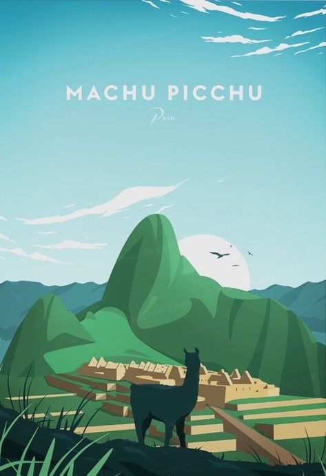 Tourism Poster Design Graphics, Machu Picchu Drawing, Travel Tour Poster Design, Machu Picchu Painting, Machu Pichu Illustration, 60s Travel Poster, Machu Picchu Peru, Tourism Poster, Old Advertisements