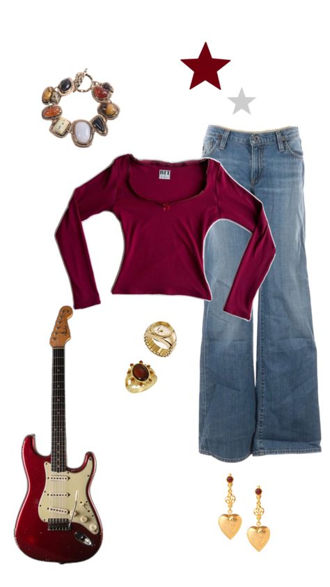 red longsleeve, low rise jeans, vintage jewelry, electric guitar, Guitar Outfit, Red Longsleeve, Red Vintage, Low Rise Jeans, Low Rise, Electric Guitar, Vintage Jewelry, Guitar, Outfit Inspo