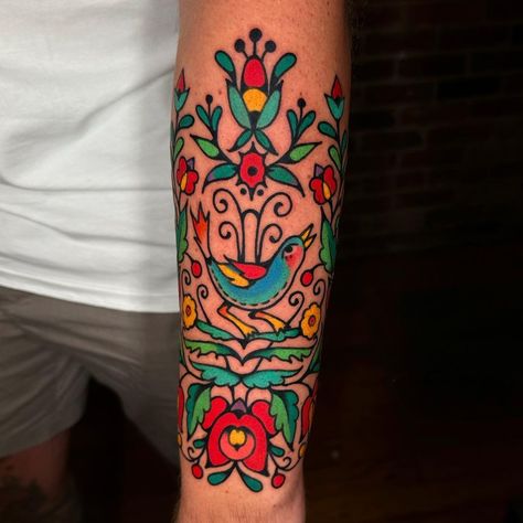 Folk Art Style Tattoo, Folky Tattoos, Folk Art Sleeve Tattoo, Folk Art Tattoo Flash, Folky Flower Tattoo, Hungarian Tattoo, Folk Art Tattoo, Fountain Square, Bright Tattoos