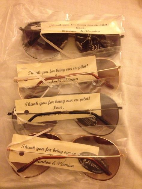 We used Aviator glasses as travel themed wedding favors! Aviator Wedding Theme, Airplane Themed Wedding Ideas, Airplane Wedding Favors, Flight Attendant Bachelorette Party, Airport Wedding Theme, Airplane Themed Wedding, Plane Themed Wedding, Pilot Wedding Ideas, Aviation Party Theme