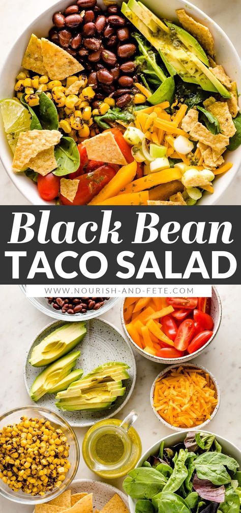 Tacos get a healthy upgrade in the form of a Vegetarian Taco Salad with black beans, a rainbow of veggies, crushed tortilla chips, and a mouth-watering fresh cilantro lime salad dressing. Cilantro Lime Salad Dressing, Cilantro Lime Salad, Vegetarian Taco Salad, Salad With Black Beans, Lime Salad Dressing, Lime Salad, Vegan Taco Salad, Vegetarian Taco, Green Snacks