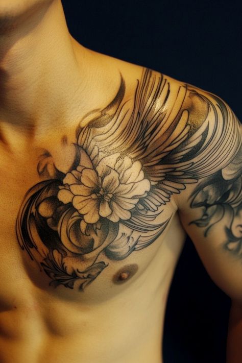 A man with an intricate flower and wing tattoo on his chest. Flower Chest Tattoo Men, Full Chest Tattoo Men Ideas Unique, Chest Tattoo One Side, Men Chest Tattoo Ideas Unique, Chest And Shoulder Tattoo, Male Chest Tattoos, Masculine Symbols, Chest Tattoo With Meaning, Chest Tattoos For Men