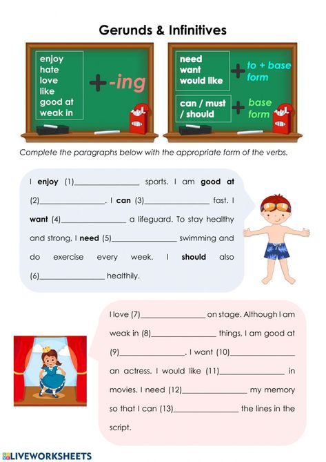 Gerund or Infinitive online worksheet for Primary 5. You can do the exercises online or download the worksheet as pdf. Verb + Gerund, Gerund Exercises, Infinitives Grammar, Gerunds And Infinitives, Participial Phrases, Common Spanish Phrases, Hm Kids, Spanish Help, English Grammar Quiz