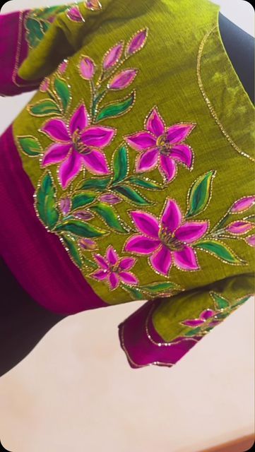 Fabric Painting With Aari Work Blouse, Fabric Paint With Aari Work, Aari Work Leaf Design, Leaf Drawing For Aari Work, Leaf Stitch Design In Aari Work, Engagement Party Cake, Fabric Painting On Clothes, Fabric Paint Designs, Hand Work Blouse