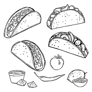 Tacos Drawing, Nachos Restaurant, Taco Tattoos, Taco Drawing, Mexican Fast Food, Drawing Transparent, Burger Vector, Cooking Poster, Gourmet Tacos